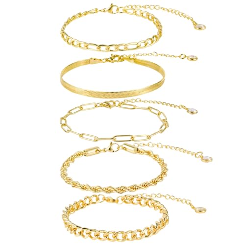 Mikovivi 5st Goldene Fußkettchen für Damen, Titanstahl Vergoldet Goldene Fußkettchen Verstellbar Stapelbare Armbänder Trendig Fußschmuck Geschenke für Frauen Mädchen Strand (Stil 1) von Mikovivi