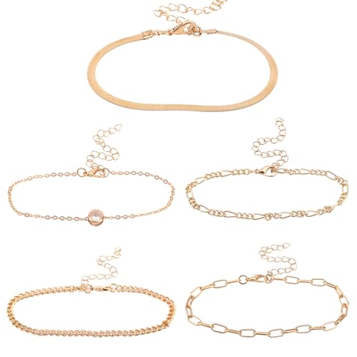 Mikovivi 5stk Goldene Fußkettchen, Wasserdichte Stapelbare Fußkettchen für Damen Verstellbare Knöchelkettenglieder Trendiger Funkelnder Fußschmuck für Strandurlaub von Frauen (5 Stile) von Mikovivi