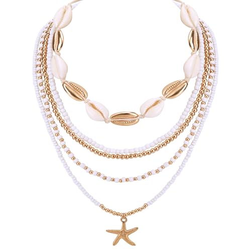 Mikovivi 5stk Sommer Strand Halskette, Boho Halsketten-Set mit Muscheln Seesternen Perlen Surfer Halsketten für Damen Freundschafts-Halsband Urlaub Party Ozean Schmuck Geschenk von Mikovivi