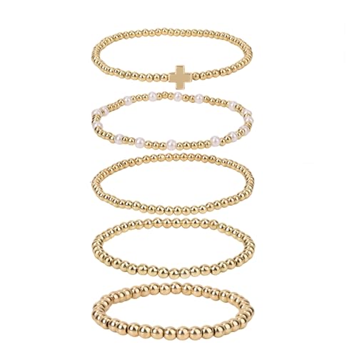 Mikovivi 5stk Stapelbare Armbänder mit Goldenen Perlen, Zierliche Stretch-Armbänder mit Perlenkreuz Modeaccessoires Geschenke für Frauen von Mikovivi