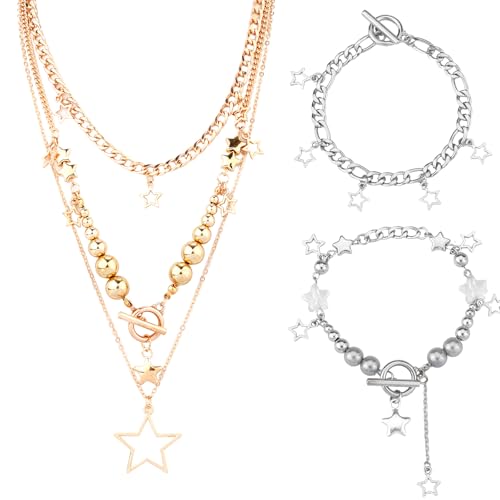 Mikovivi 5stk Stern-Halsketten- Und Armbandset, Goldene Stern Halskette Silberne Y2k-Stern-Armbänder Retro-Y2k-Schmuckset Vintage-Stern-Halsband Schmuckgeschenk Für Frauen von Mikovivi