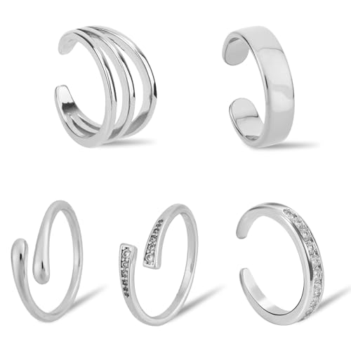 Mikovivi 5stk Teilige Zehenringe für Damen, 5 Stile Anlaufgeschütztes Offenes Band Verstellbares Band Zehenringe Strand-Sommer-Fußschmuck für Sommer-Strand-Fußaccessoires (Silber) von Mikovivi