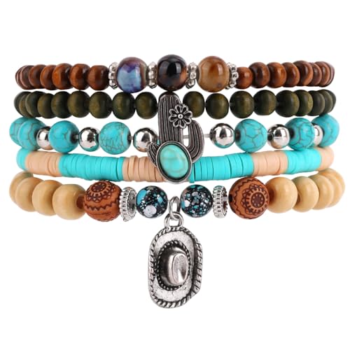 Mikovivi 5stk Western-Perlenarmbänder, Türkis-Imitat-Armband Boho-Schmuck Rustikales Konzert-Cowboy-Accessoire für Frauen Mikovivi 5stk Western-Perlenarmbänder, Türkis-Imitat-Armband Boho-Schmuck Rustikales Konzert-Cowboy-Accessoire für Frauen von Mikovivi