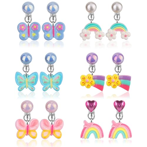 6 Paar Ohrclips für Mädchen, Ohrstecker-Set Ohne Ohrloch mit Ohrpolstern Süßes Schmetterlings-Kaninchen-Regenbogen-Design Ohrclips für Kinder Ohne Loch Schmuck als Geschenk von Mikovivi