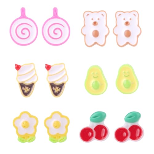 Mikovivi 6 Paar Kunststoff-Ohrringe für Empfindliche Ohren, Niedliche Stecker-Ohrringe Kirsch Bären Eiscreme Birnen & Blumen-Designs Kinderschmuck für Mädchen von Mikovivi