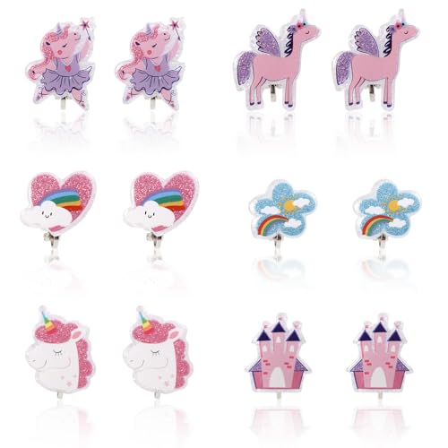 Mikovivi 6 Paar Ohrclips Kinder, Einfache Ohrclips aus Kunstharz Mehrfarbiges Regenbogen-Wolkenschloss-Muster Nicht Durchdringender Schmuck für Kinder von Mikovivi