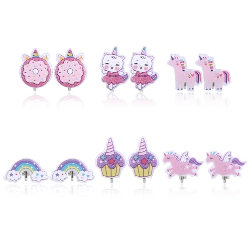 Mikovivi 6 Paar Ohrclips Kinder, Ohrclips aus Kunstharz Nicht Durchdringender Kinderschmuck Donut-Kuchen-Regenbogenmuster Geschenk für Mädchen von Mikovivi