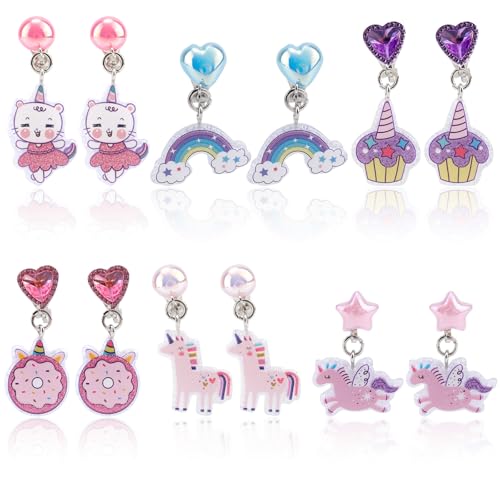 6 Paar Ohrclips für Mädchen, Ohrstecker-Set Ohne Ohrloch mit Ohrpolstern Süßes Schmetterlings-Kaninchen-Regenbogen-Design Ohrclips für Kinder Ohne Loch Schmuck als Geschenk von Mikovivi