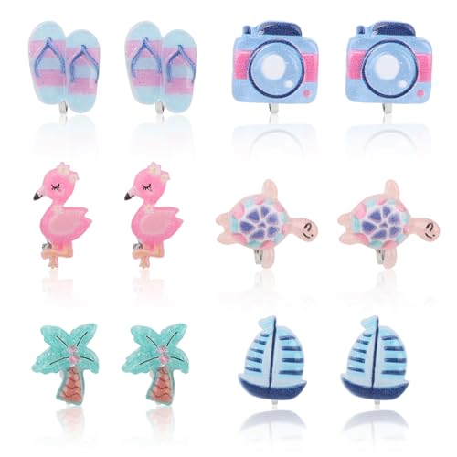 Mikovivi 6 Paar Ohrringe Kinder Clips, Ohrclips aus Kunstharz Muster mit Meeresschildkröten Segelboot und Mehr Nicht Durchdringender Schmuck Schmuck mit Strandmotiven für Mädchen (6 Stile) von Mikovivi