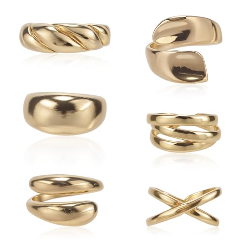 Mikovivi 6 Stück 18 Karat Vergoldete Legierung Ringe für Frauen, Stapelbar Nicht Anlaufend Klobige Ringe Größen 7-9 Trendiger Dicker Statement Schmuck für den Alltag von Mikovivi
