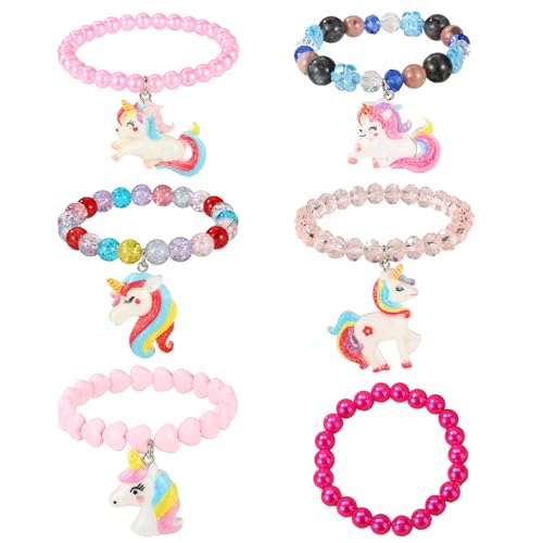 Mikovivi 6 Stück Einhorn Regenbogen Armbänder, Süße Perlenarmbänder für Mädchen und Kleinkinder Goodie Bag Stuffers für Geburtstagspartys Pretend Play Schmuck von Mikovivi