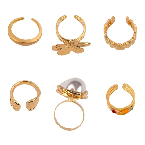 Mikovivi 6stk Klobige Goldringe Damen, Set mit Klobigen Goldenen Blumenringen 5 Größen Modische Klobige Fingerknöchelringe 6 Stile Verstellbarer Fingerschmuck Accessoires Geschenke für Frauen von Mikovivi