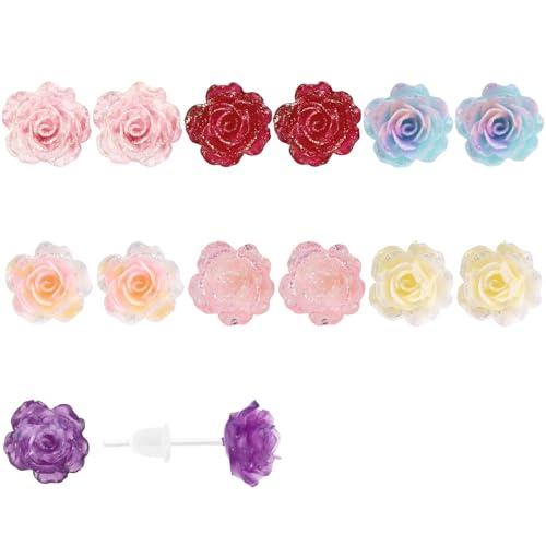 Mikovivi 7 Paar Rosen-Ohrringe aus Kunststoff, Ohrstecker mit Rosenblüten in Farbverlauf Perfekte Dekoration und Blumenschmuck Als Geschenk für Frauen mit Empfindlichen Ohren von Mikovivi