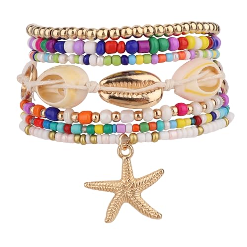 Mikovivi 7 Stück Sommer Strandarmbänder, Seestern Muschel Farbenes Perlen Surfer Armband Set Böhmischer Küstenschmuck für Frauen Urlaubs und Strand Accessoires von Mikovivi