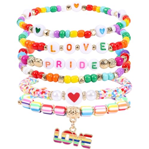 Mikovivi 7-teiliges Valentinstag-Armband-Set für Damen, Regenbogen-Clay-Perlen-Armbänder Pride-Liebe-Herz-Schmuck Stapelbare Heishi-Surfer-Accessoires für den Valentinstag (Stil 1) von Mikovivi