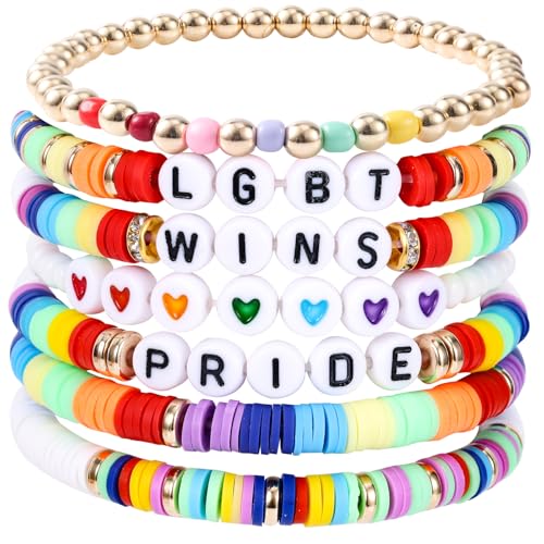 Mikovivi 7-teiliges Valentinstag-Armband-Set für Damen, Regenbogen-Clay-Perlen-Armbänder Pride-Liebe-Herz-Schmuck Stapelbare Heishi-Surfer-Accessoires für den Valentinstag (Stil 2) von Mikovivi