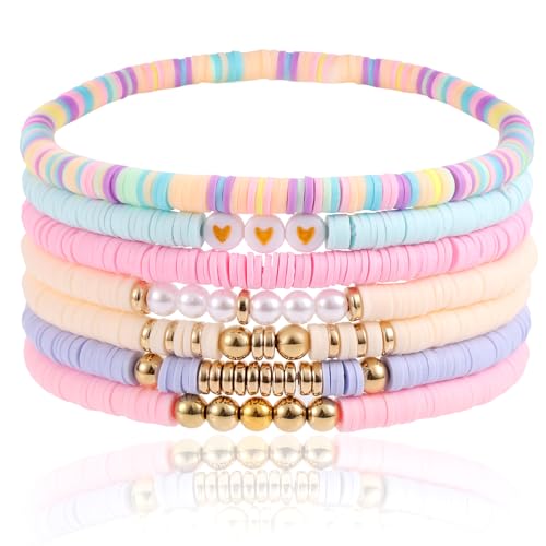 Mikovivi 7st Heishi Armbänder Tonperlen, Trendige Freundschaftsarmbänder Niedlich Stapelbar Sommer-Strand Boho Armbänder Adretter Stretch Schmuck Geschenk für Frauen (Bunt) von Mikovivi