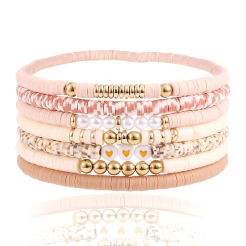 Mikovivi 7st Heishi Armbänder Tonperlen, Trendige Freundschaftsarmbänder Niedlich Stapelbar Sommer-Strand Boho Armbänder Adretter Stretch Schmuck Geschenk für Frauen (Fleischfarbe) von Mikovivi