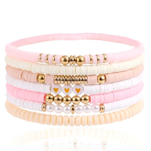 Mikovivi 7st Heishi Armbänder Tonperlen, Trendige Freundschaftsarmbänder Niedlich Stapelbar Sommer-Strand Boho Armbänder Adretter Stretch Schmuck Geschenk für Frauen (Hellrosa) von Mikovivi