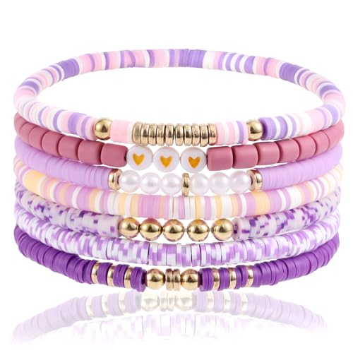 Mikovivi 7st Heishi Armbänder Tonperlen, Trendige Freundschaftsarmbänder Niedlich Stapelbar Sommer-Strand Boho Armbänder Adretter Stretch Schmuck Geschenk für Frauen (Lila) von Mikovivi