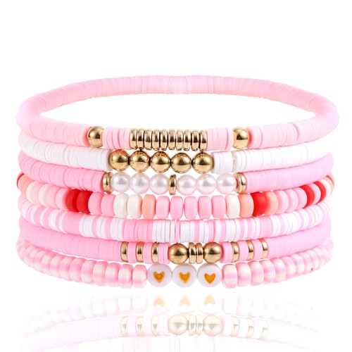 Mikovivi 7st Heishi Armbänder Tonperlen, Trendige Freundschaftsarmbänder Niedlich Stapelbar Sommer-Strand Boho Armbänder Adretter Stretch Schmuck Geschenk für Frauen (Rosa, Weiß) von Mikovivi