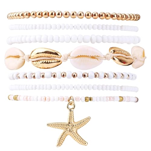 Mikovivi 7stk Sommer Strand Armband für Damen, Stapelbare Muschel Seestern Perlen Stretch Surfer Armbänder Set Boho-Stil Strandurlaub Party Freundschaftsschmuck Geschenk von Mikovivi