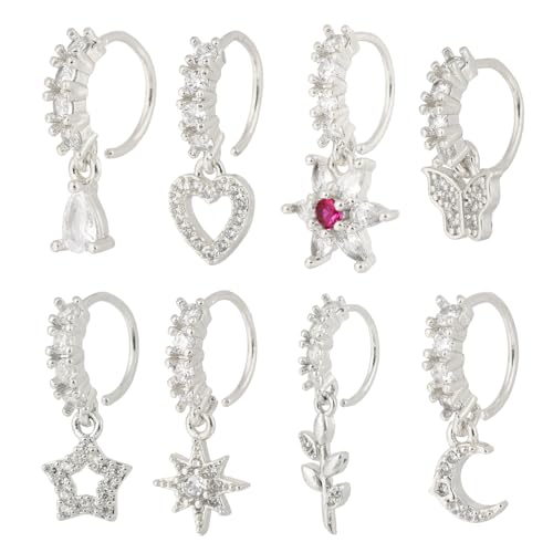 Mikovivi 8 St Baumelnde Nasenring Frauen, Kupfer Silber Stern Mond Herz Blume Schmetterling Nasenpiercing Schmuck Modisches Accessoire für Party Geburtstag Abschlussball von Mikovivi