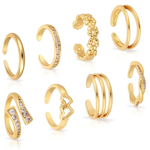 Mikovivi 8 Stk Zehenringe für Damen, Verstellbare Offene Zehenringe aus Kupfer in 8 Eleganten Stilen Fußschmuck Strandschmuck für Damen Sommeraccessoire (Gold) von Mikovivi