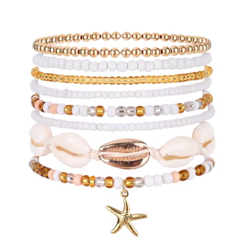 Mikovivi 8 Stück Sommer-Strandarmbänder, Stapelbar Stretch-Armbänder mit Muschelsträngen Böhmischer Perlenschmuck Schmuck mit Reisperlen-Charm für Frauen Hawaii-Urlaub Strandparty-Geschenk von Mikovivi