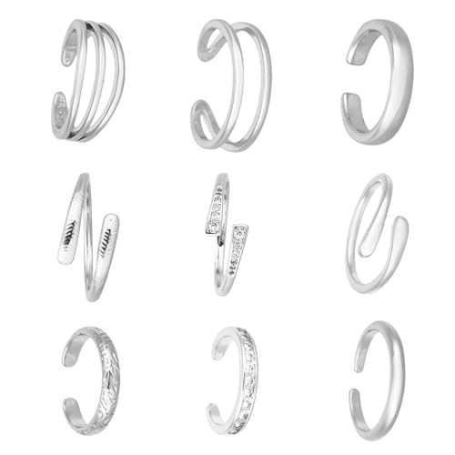 Mikovivi 9 Teiliges Zehenring Set für Damen, Verstellbares Offenes CZ Zehenring Set Zierlicher Fußschmuck für den Sommerstrand Modisches Fußschmuck Accessoire Damen (Silber) von Mikovivi