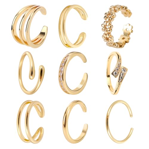 Mikovivi 9stk Zehenringe für Damen, 9 Stile Läuft Nicht An Verstellbar Zirkonia Blumen Umarmung Band Offene Zehenringe Set Zierlicher Fußschmuck Accessoires für Damen Sommer Strandparty (Gold) von Mikovivi