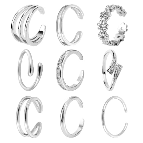 Mikovivi 9stk Zehenringe für Damen, 9 Stile Läuft Nicht An Verstellbar Zirkonia Blumen Umarmung Band Offene Zehenringe Set Zierlicher Fußschmuck Accessoires für Damen Sommer Strandparty (Silber) von Mikovivi