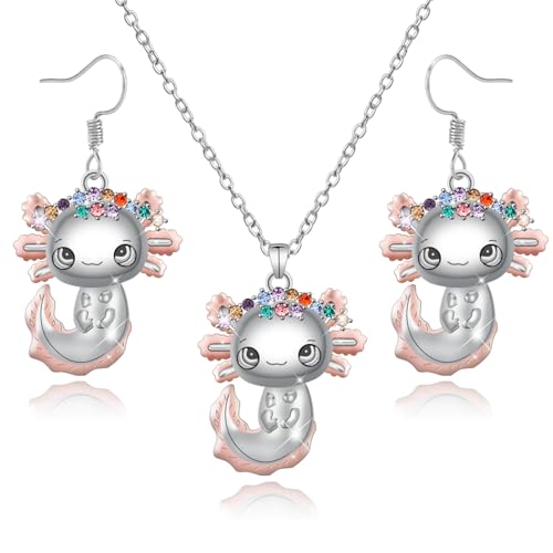 Mikovivi Axolotl Halskette und Ohrringe Set, Süße Axolotl Kristall Halskette aus Legierung Trendiger Salamander Anhänger Ohrring Schmuck Set für Frauen und Männer Geburtstag Abschlussfeier von Mikovivi