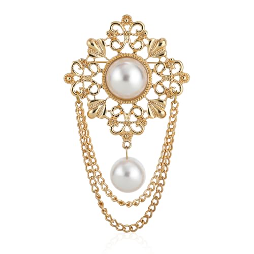 Mikovivi Blumenketten-Quastenbrosche, Goldene Retro-Perlenbrosche Vintage-Anstecknadel mit Runden Perlen Filigrane Blumenketten-Quastenbrosche Anstecknadeln für Damen von Mikovivi