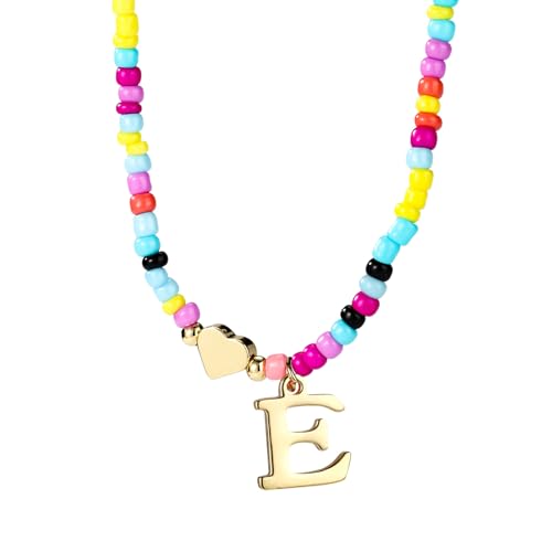 Mikovivi Bunte Perlen-Buchstabenkette für Frauen, Boho Buchstaben-Anhänger Halskette mit Verstellbarer Kette Modisches Alphabet-Choker Geschenk Sommer-Schmuck (E) von Mikovivi