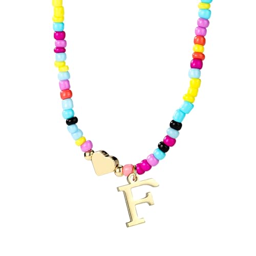Mikovivi Bunte Perlen-Buchstabenkette für Frauen, Boho Buchstaben-Anhänger Halskette mit Verstellbarer Kette Modisches Alphabet-Choker Geschenk Sommer-Schmuck (F) von Mikovivi