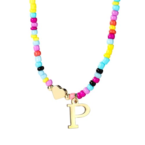 Mikovivi Bunte Perlen-Buchstabenkette für Frauen, Boho Buchstaben-Anhänger Halskette mit Verstellbarer Kette Modisches Alphabet-Choker Geschenk Sommer-Schmuck (P) von Mikovivi