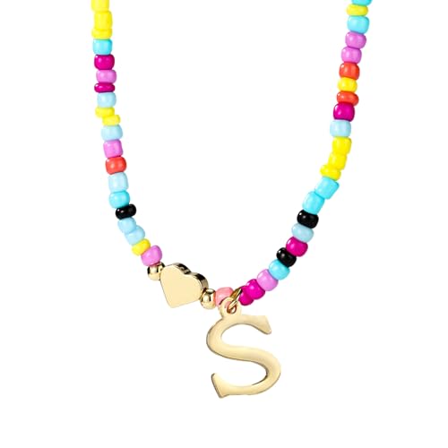 Mikovivi Bunte Perlen-Buchstabenkette für Frauen, Boho Buchstaben-Anhänger Halskette mit Verstellbarer Kette Modisches Alphabet-Choker Geschenk Sommer-Schmuck (S) von Mikovivi