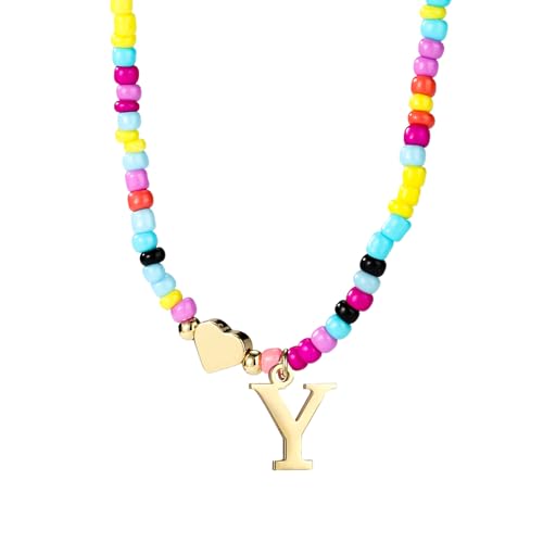 Mikovivi Bunte Perlen-Buchstabenkette für Frauen, Boho Buchstaben-Anhänger Halskette mit Verstellbarer Kette Modisches Alphabet-Choker Geschenk Sommer-Schmuck (Y) von Mikovivi