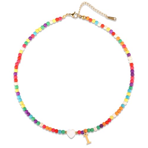 Mikovivi Bunte Perlenkette, Süße Perlenkette mit Herzmuscheln Stilvolle Halskette mit Buchstabenanhänger Handgefertigte Personalisierte A-Z-Geschenke für Frauen und Mädchen (Buchstabe I) von Mikovivi