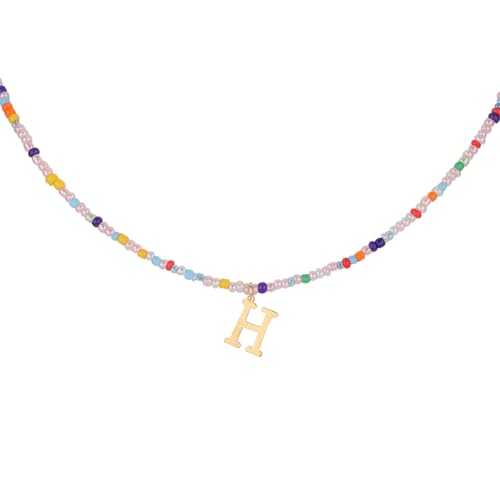 Mikovivi Bunte Perlenkette Halskette Initialen, Halskette Sommer für Frauen und Mädchen Halskette mit Buchstaben Anhänger böhmisch Perlenkette Handgefertigte Schmuckgeschenke für Teenager (H) von Mikovivi