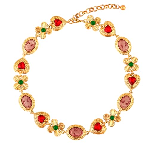 Mikovivi Byzantinischer Modeschmuck für Damen, Trendige Cameo-Herzblumen-Halskette mit Klobigem Charm-Anhänger Maximalistischer Schmuck Coole Goldene Viktorianische Statement-Halskette für Damen Mikovivi Byzantinischer Modeschmuck für Damen, Trendige Cameo-Herzblumen-Halskette mit Klobigem Charm-Anhänger Maximalistischer Schmuck Coole Goldene Viktorianische Statement-Halskette für Damen von Mikovivi