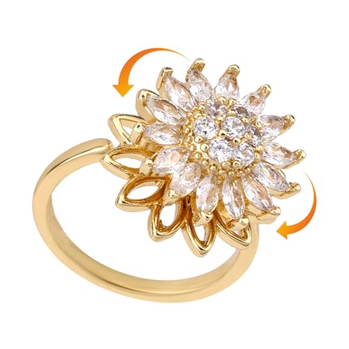 Mikovivi Drehbarer Goldener Sonnenblumenring, Verstellbarer Spinner-Fidget-Ring mit Zirkonia Gold-Kupfer-Blumenschmuck für Damen und Herren von Mikovivi