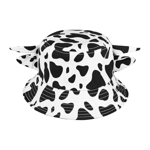 Mikovivi Fischerhut mit Kuh Print, Kuh Anglerhut mit Hornohren Fischerhut Süßer Anglerhut Sommer Reise Sonnenhut für Frauen und Männer Strand Reiseschutzzubehör von Mikovivi