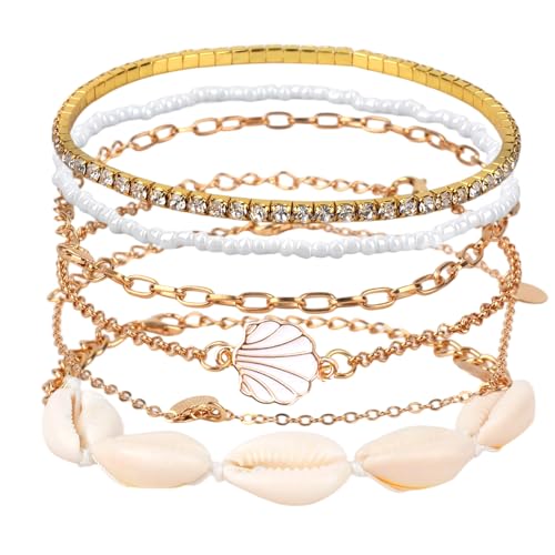 Mikovivi Fußkettchen-Set mit Perlen für Damen, Verstellbare Goldene Boho-Fußkettchen mit Muschelperlen und Anhängern Hawaiianischer Sommer-Fußschmuck von Mikovivi