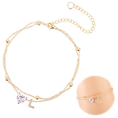 Mikovivi Fußkettchen für Damen, Verstellbar Buchstaben-Herz-Design Wasserdicht Goldenes Fußkettchen Initialen Sommer-Strandschmuck Geschichtet Alphabet-Fußkettendekorationen Geschenke(Buchstabe L) von Mikovivi