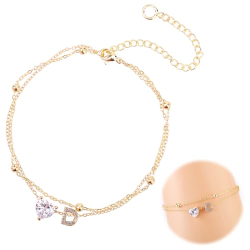 Mikovivi Fußkettchen für Damen, Verstellbar Buchstaben-Herz-Design Wasserdicht Goldenes Fußkettchen Initialen Sommer-Strandschmuck Geschichtet Alphabet-Fußkettendekorationen Geschenke(Buchstabe D) von Mikovivi
