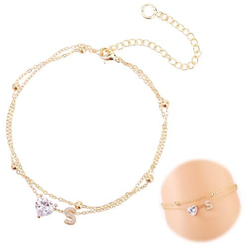 Mikovivi Fußkettchen für Damen, Verstellbar Buchstaben-Herz-Design Wasserdicht Goldenes Fußkettchen Initialen Sommer-Strandschmuck Geschichtet Alphabet-Fußkettendekorationen Geschenke(Buchstabe S) von Mikovivi