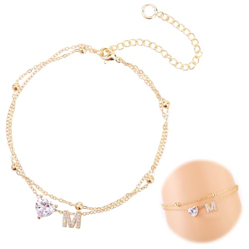 Mikovivi Fußkettchen für Damen, Verstellbar Buchstaben-Herz-Design Wasserdicht Goldenes Fußkettchen Initialen Sommer-Strandschmuck Geschichtet Alphabet-Fußkettendekorationen Geschenke(Buchstabe M) von Mikovivi