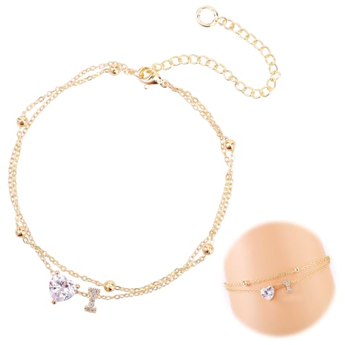 Mikovivi Fußkettchen für Damen, Verstellbar Buchstaben-Herz-Design Wasserdicht Goldenes Fußkettchen Initialen Sommer-Strandschmuck Geschichtet Alphabet-Fußkettendekorationen Geschenke(Buchstabe I) von Mikovivi